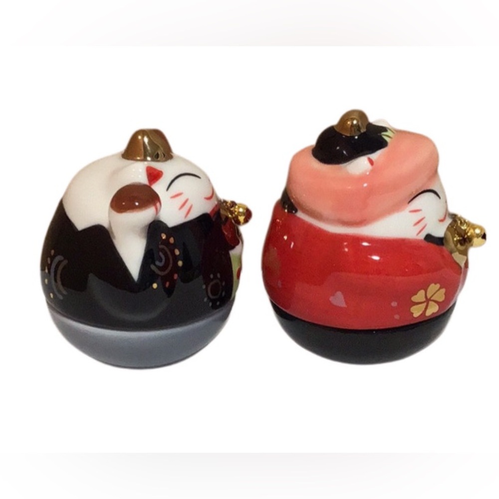 Vintage Japanese Lucky Cats Weighted Roly Poly Fortune Cat Figurines, Set of 2 - Picture 4 of 8